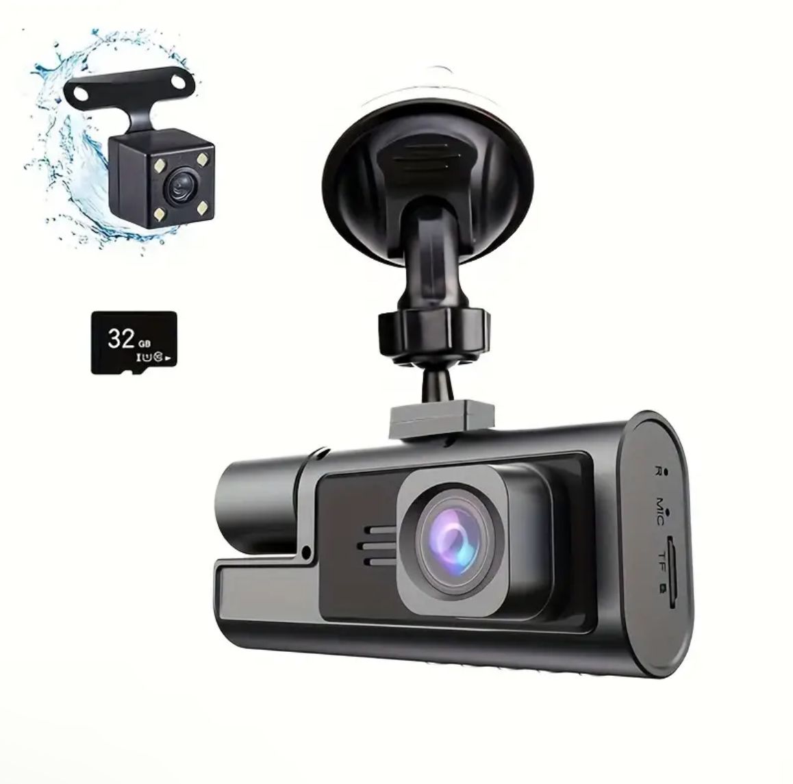 Advanced 3-Lens Dash Cam with High-Definition 1080P Recording – Captures Front, Interior, 170° Wide Angle, Night Vision, 24h Parking recording,free memory card 32 GB7