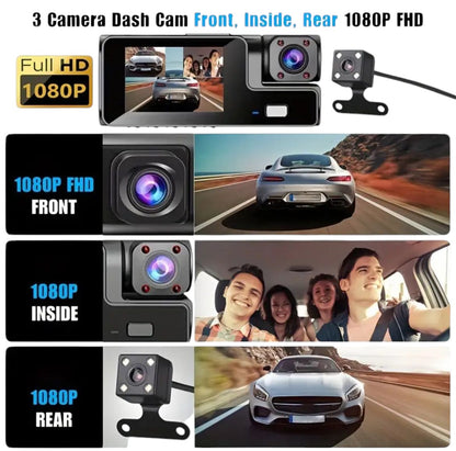 Advanced 3-Lens Dash Cam with High-Definition 1080P Recording – Captures Front, Interior, 170° Wide Angle, Night Vision, 24h Parking recording,free memory card 32 GB7