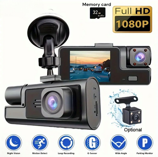 Advanced 3-Lens Dash Cam with High-Definition 1080P Recording – Captures Front, Interior, 170° Wide Angle, Night Vision, 24h Parking recording,free memory card 32 GB7