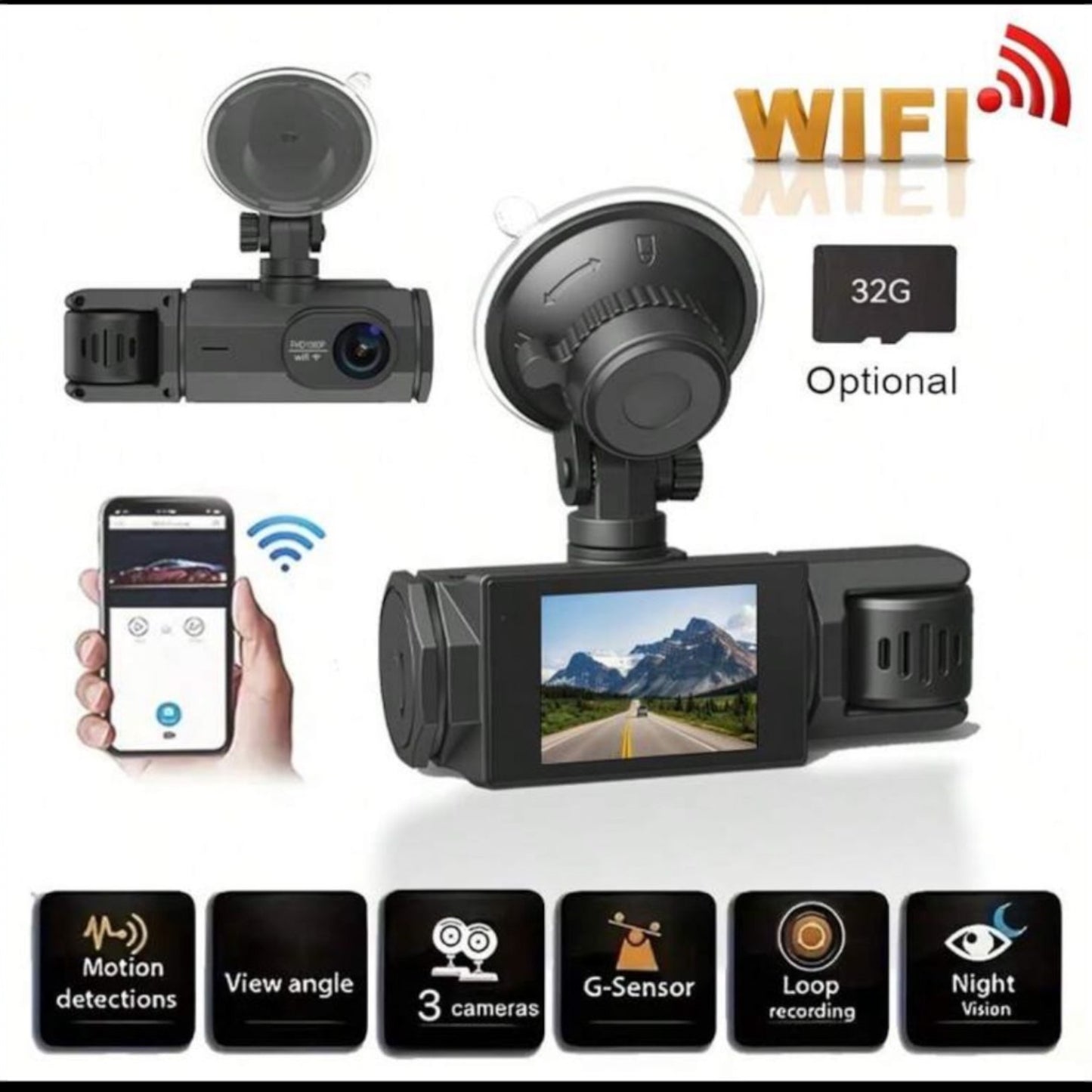 1080P HD WiFi Driving Recorder, Front And Rear Dual Lenses, Night Vision, Loop Recording, G Sensor, Motion Detection - USB Rechargeable, 32GB SD Card